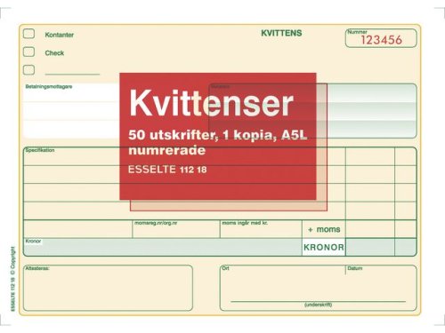 Blankett kvittens numrerad A5L 2x50 bla