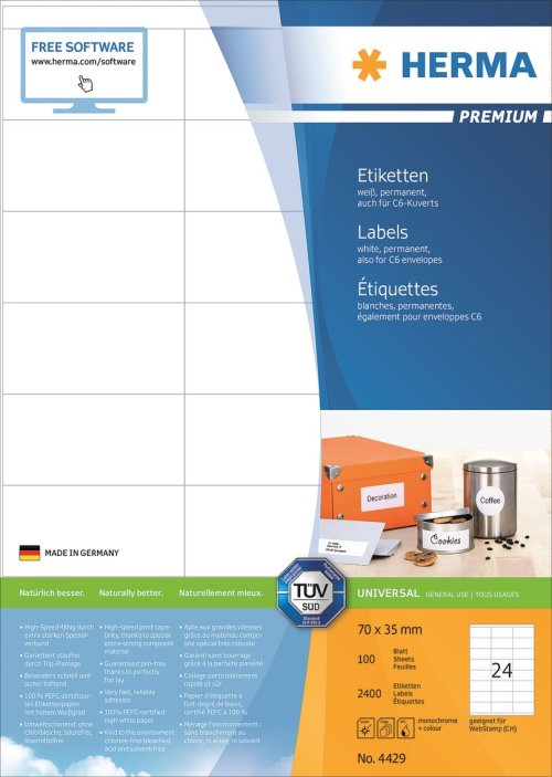 Etikett Premium 70x35mm, Herma 4429 permanent 2400st/fp